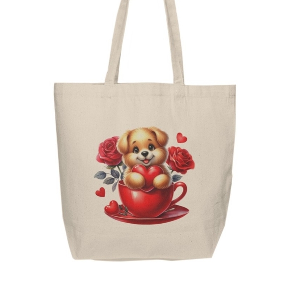 Valentine's Day Puppy in a Cup Custom Tote Bag - Picture 2 of 3